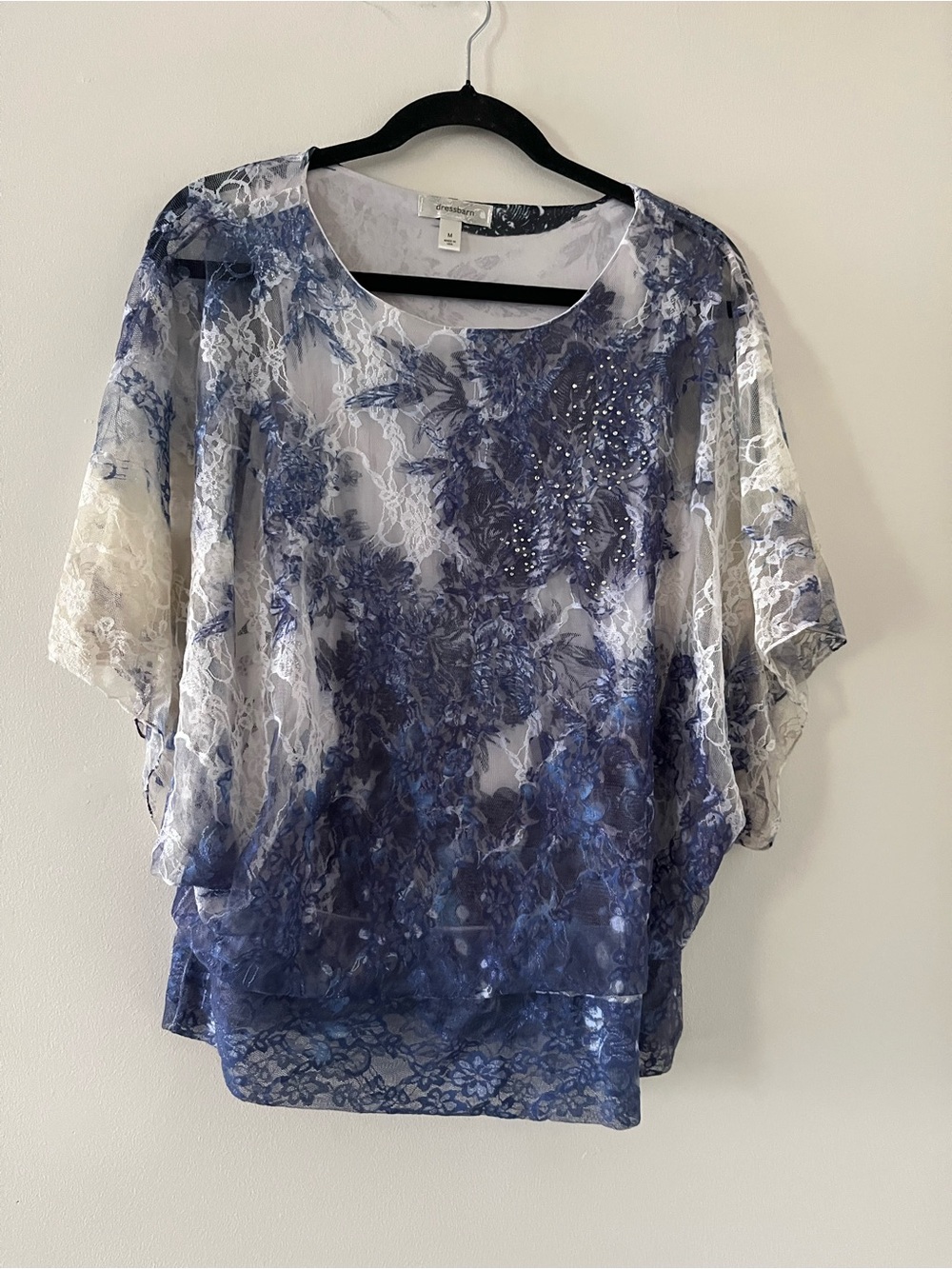 Dressbarn Blue Floral Lace Rhinestone Kimono Blouse Medium Romantic Dainty
